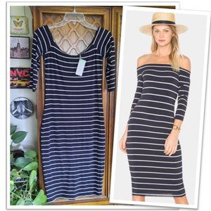 Belle+Sky Off-the-Shoulder Black/White Striped Bodycon Midi Dress NWOT! - XS